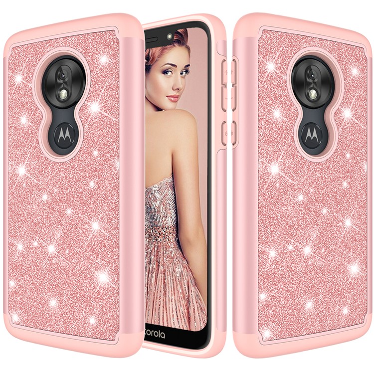 For Motorola Moto G7 Play (US Version) Flash Powder PC+TPU Hybrid Phone Cover Case - Rose Gold-1