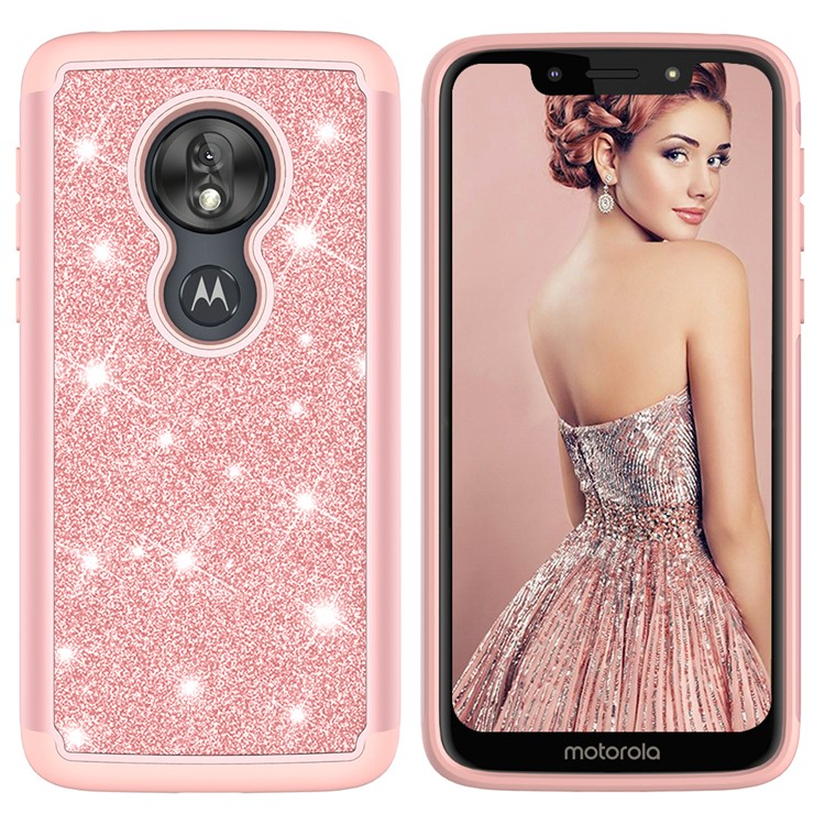 For Motorola Moto G7 Play (US Version) Flash Powder PC+TPU Hybrid Phone Cover Case - Rose Gold-6