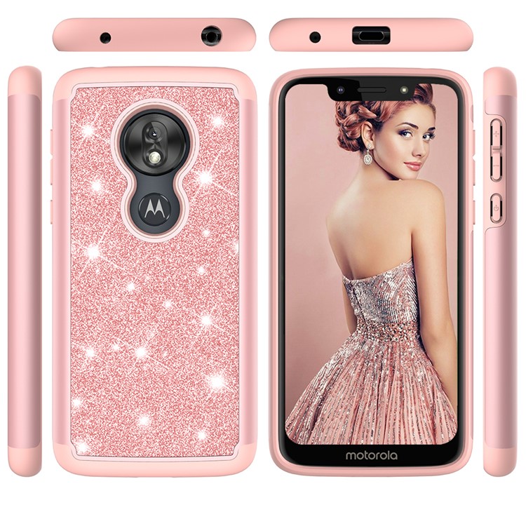 For Motorola Moto G7 Play (US Version) Flash Powder PC+TPU Hybrid Phone Cover Case - Rose Gold-9