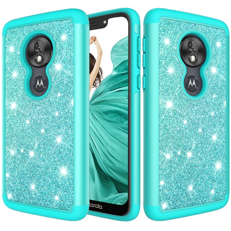 For Motorola Moto G7 Play (US Version) Flash Powder PC+TPU Hybrid Phone Cover Case - Cyan-1