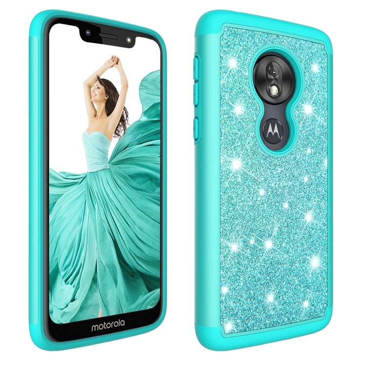 For Motorola Moto G7 Play (US Version) Flash Powder PC+TPU Hybrid Phone Cover Case - Cyan-2