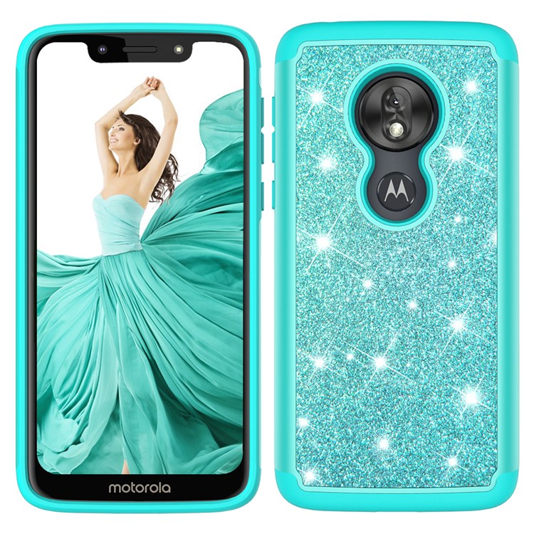 For Motorola Moto G7 Play (US Version) Flash Powder PC+TPU Hybrid Phone Cover Case - Cyan-7