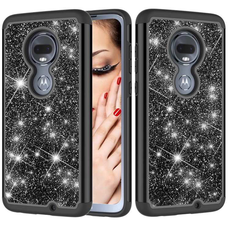 For Motorola Moto G7/Moto G7 Plus Flash Powder PC+TPU Hybrid Phone Case Cover - Black-1