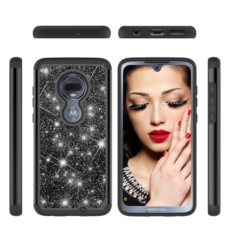 For Motorola Moto G7/Moto G7 Plus Flash Powder PC+TPU Hybrid Phone Case Cover - Black-6