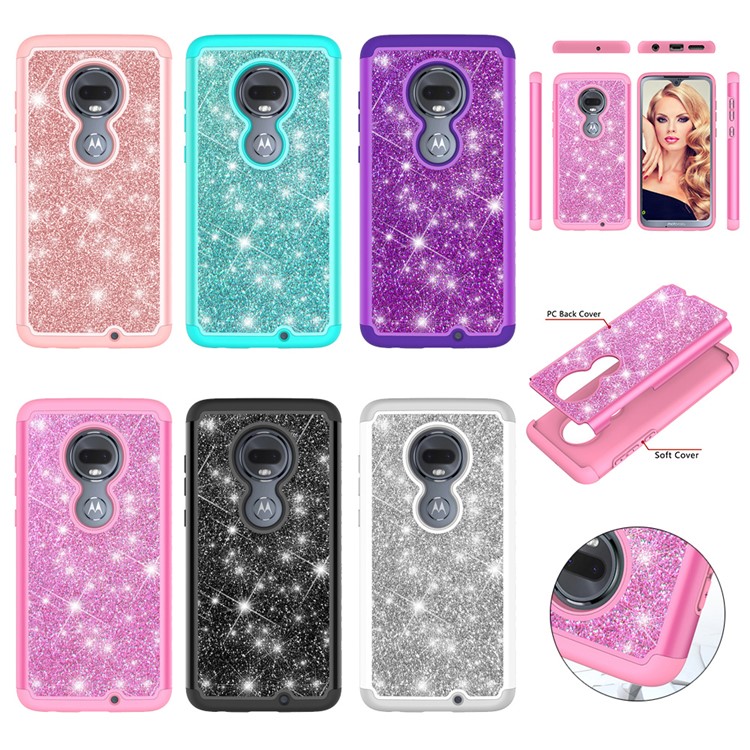 For Motorola Moto G7/Moto G7 Plus Flash Powder PC+TPU Hybrid Phone Case Cover - Rose-10