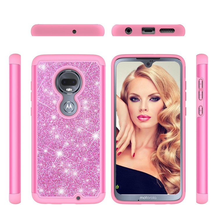 For Motorola Moto G7/Moto G7 Plus Flash Powder PC+TPU Hybrid Phone Case Cover - Rose-2