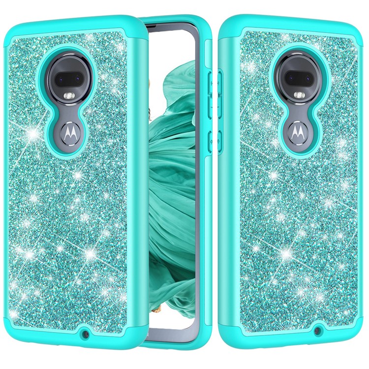 For Motorola Moto G7/Moto G7 Plus Flash Powder PC+TPU Hybrid Phone Case Cover - Cyan-1