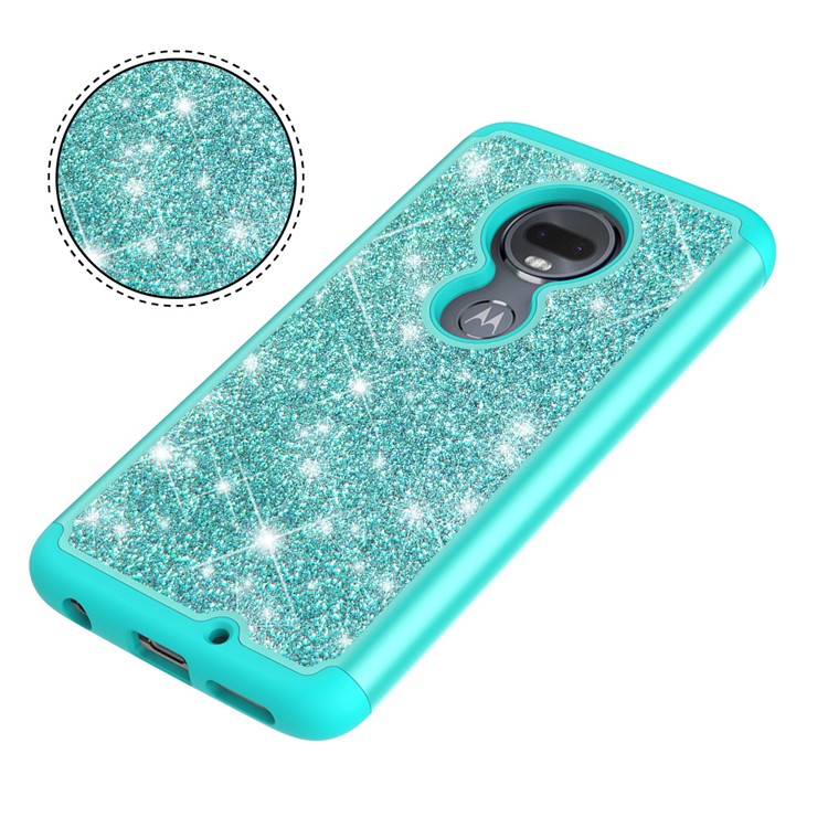 For Motorola Moto G7/Moto G7 Plus Flash Powder PC+TPU Hybrid Phone Case Cover - Cyan-2