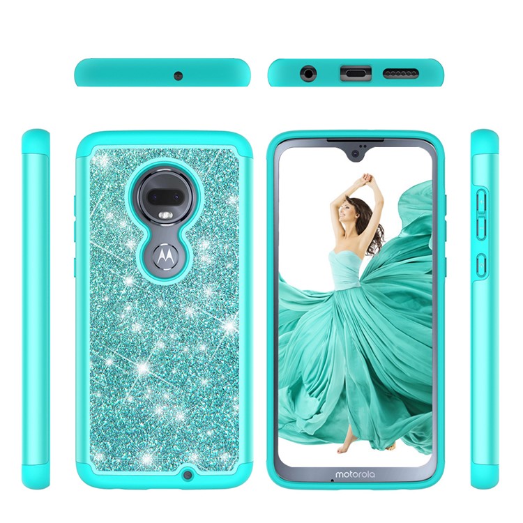 For Motorola Moto G7/Moto G7 Plus Flash Powder PC+TPU Hybrid Phone Case Cover - Cyan-6