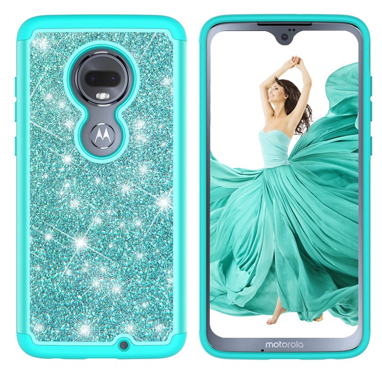 For Motorola Moto G7/Moto G7 Plus Flash Powder PC+TPU Hybrid Phone Case Cover - Cyan-7