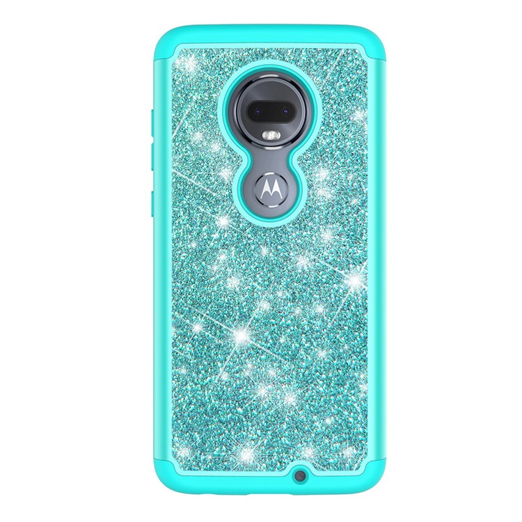 For Motorola Moto G7/Moto G7 Plus Flash Powder PC+TPU Hybrid Phone Case Cover - Cyan-8