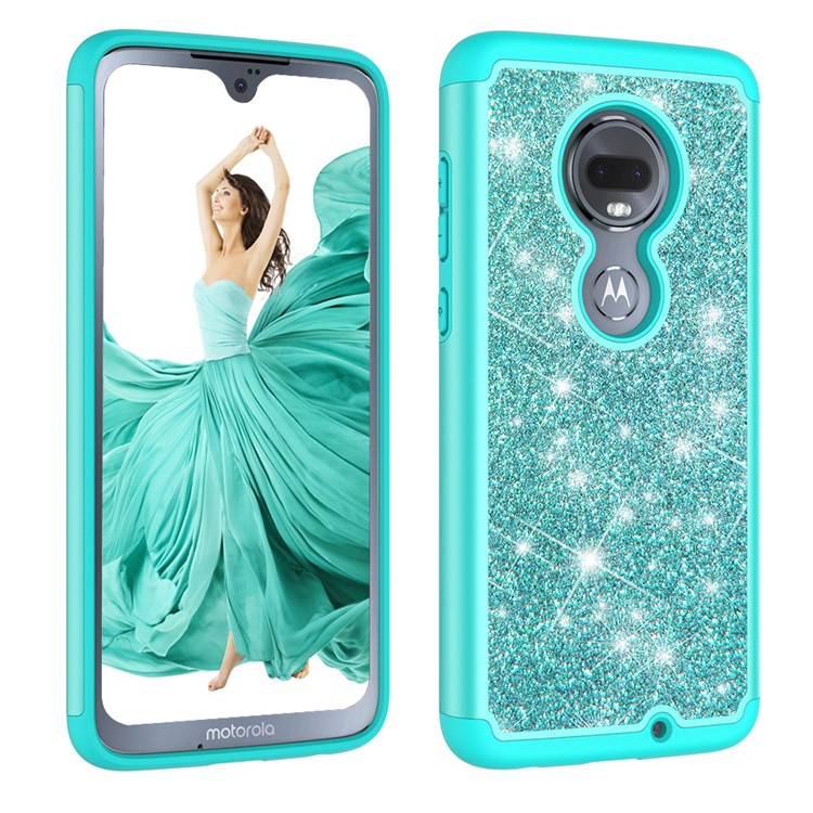 For Motorola Moto G7/Moto G7 Plus Flash Powder PC+TPU Hybrid Phone Case Cover - Cyan-9