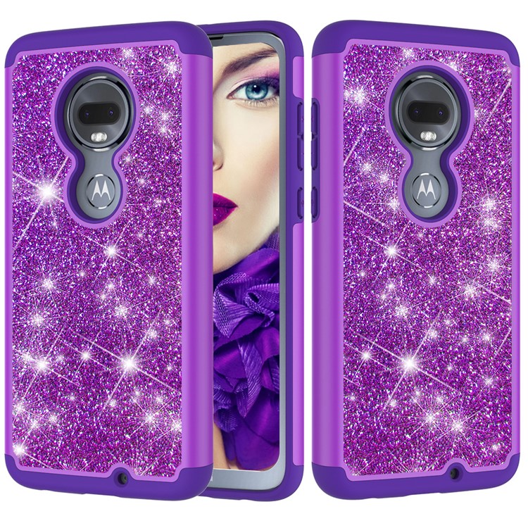 For Motorola Moto G7/Moto G7 Plus Flash Powder PC+TPU Hybrid Phone Case Cover - Purple-1