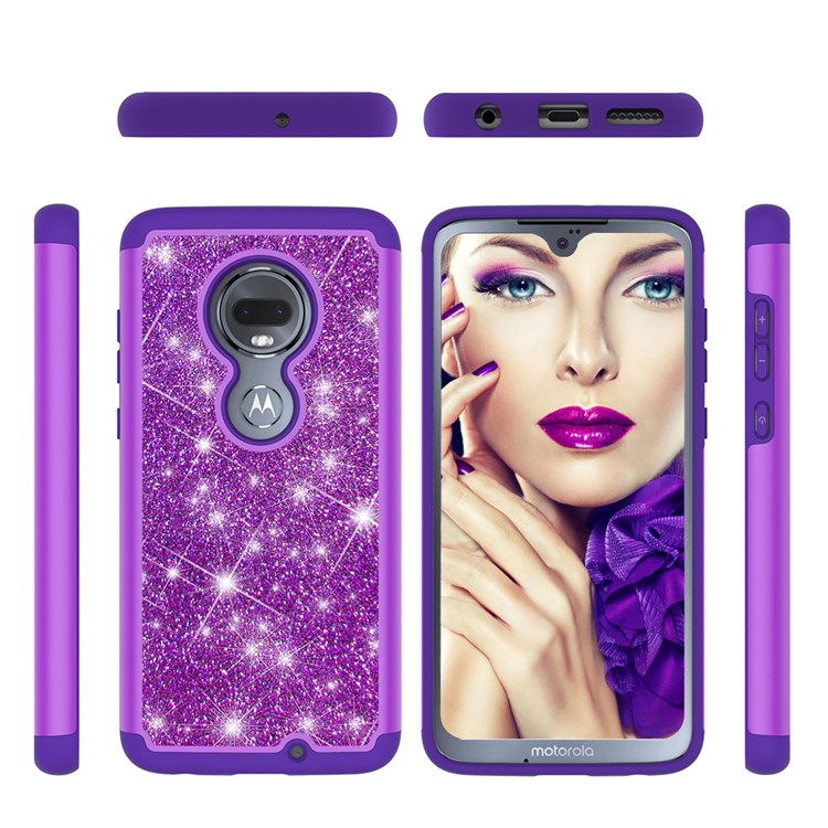 For Motorola Moto G7/Moto G7 Plus Flash Powder PC+TPU Hybrid Phone Case Cover - Purple-6