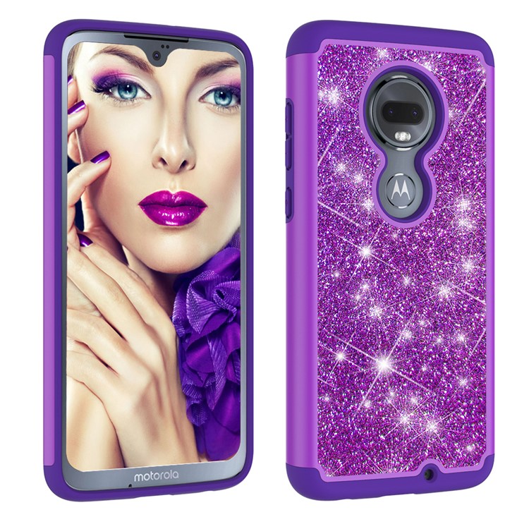 For Motorola Moto G7/Moto G7 Plus Flash Powder PC+TPU Hybrid Phone Case Cover - Purple-9