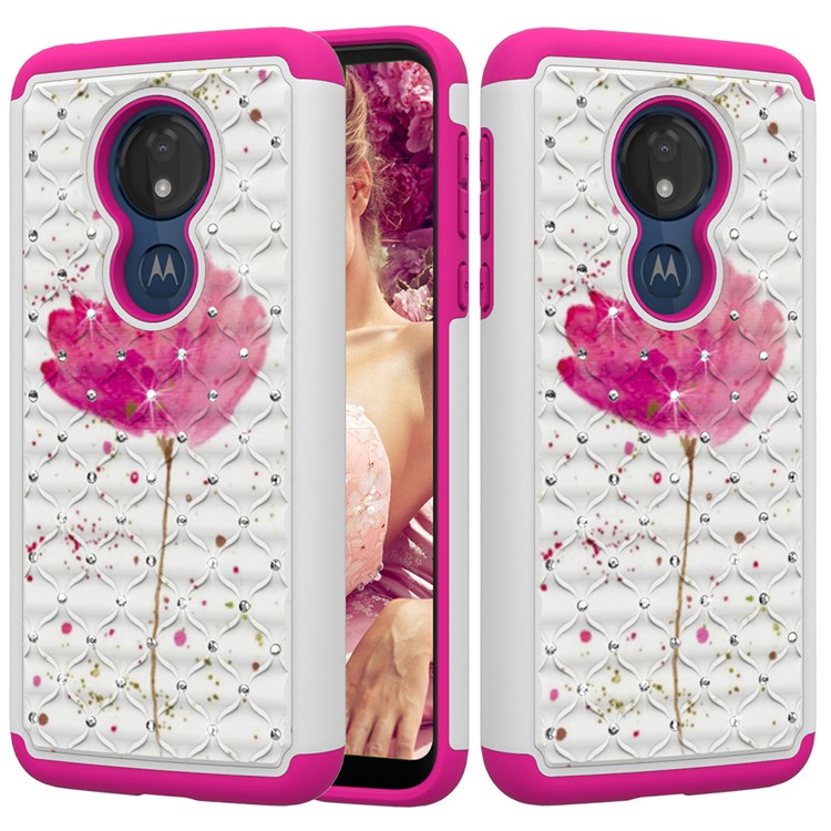 Patterned Rhinestone Decor PC TPU Combo Back Case for Motorola Moto G7 Power (US Version) - Pink Flower-1