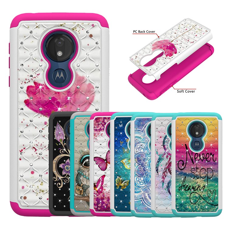 Patterned Rhinestone Decor PC TPU Combo Back Case for Motorola Moto G7 Power (US Version) - Pink Flower-10