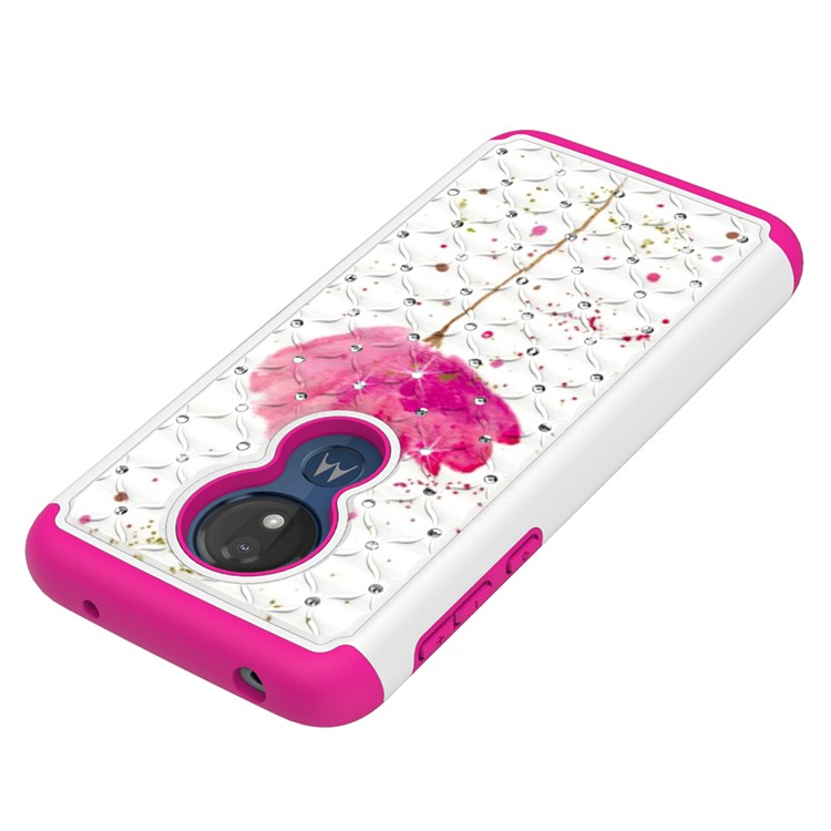 Patterned Rhinestone Decor PC TPU Combo Back Case for Motorola Moto G7 Power (US Version) - Pink Flower-2