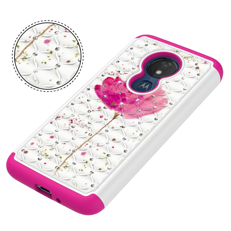 Patterned Rhinestone Decor PC TPU Combo Back Case for Motorola Moto G7 Power (US Version) - Pink Flower-3