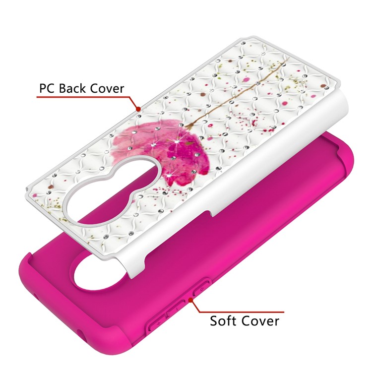 Patterned Rhinestone Decor PC TPU Combo Back Case for Motorola Moto G7 Power (US Version) - Pink Flower-4