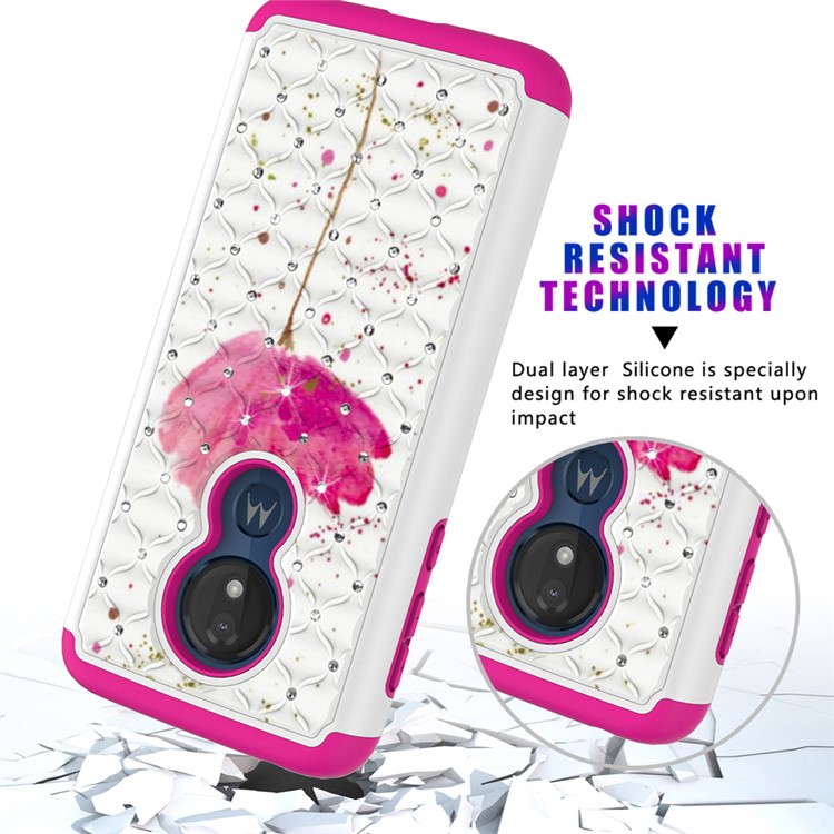 Patterned Rhinestone Decor PC TPU Combo Back Case for Motorola Moto G7 Power (US Version) - Pink Flower-5