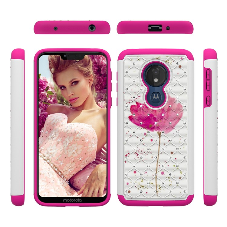 Patterned Rhinestone Decor PC TPU Combo Back Case for Motorola Moto G7 Power (US Version) - Pink Flower-6