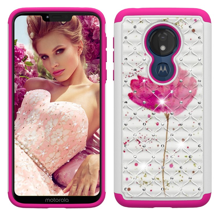 Patterned Rhinestone Decor PC TPU Combo Back Case for Motorola Moto G7 Power (US Version) - Pink Flower-7