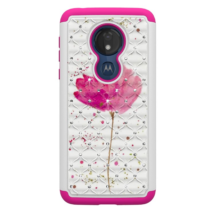 Patterned Rhinestone Decor PC TPU Combo Back Case for Motorola Moto G7 Power (US Version) - Pink Flower-8