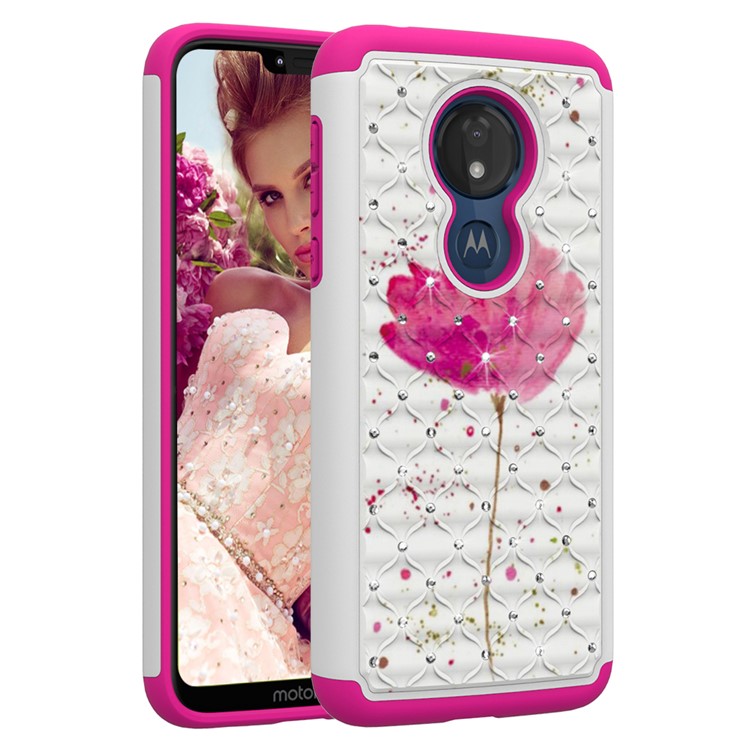 Patterned Rhinestone Decor PC TPU Combo Back Case for Motorola Moto G7 Power (US Version) - Pink Flower-9