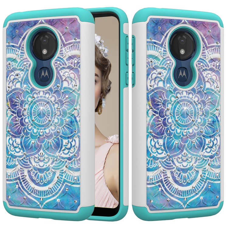 Patterned Rhinestone Decor PC TPU Combo Back Case for Motorola Moto G7 Power (US Version) - Mandala Flower-1