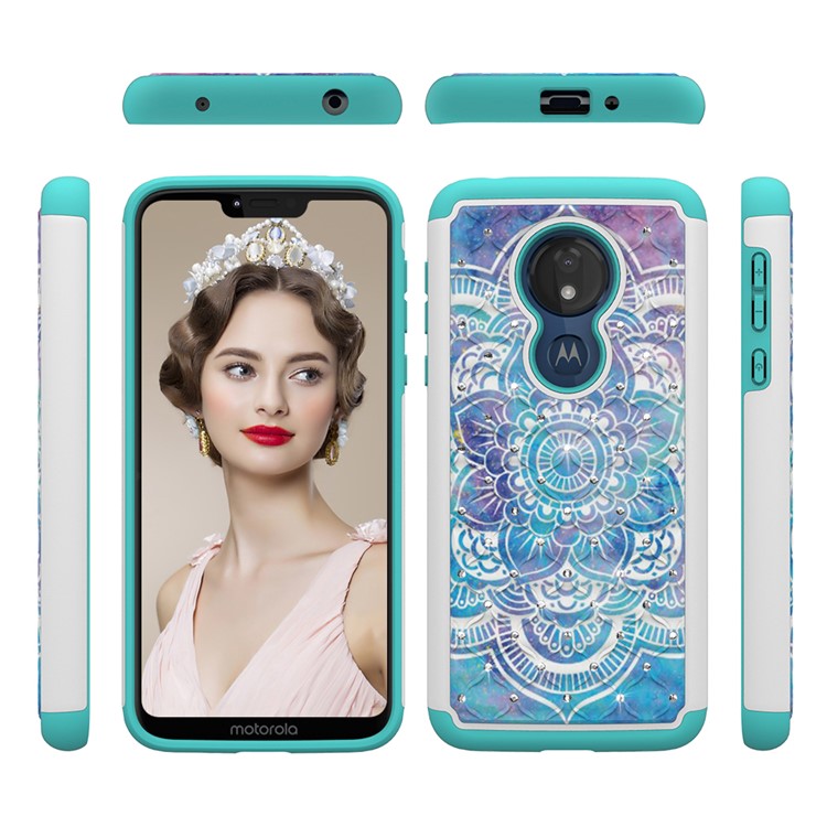 Patterned Rhinestone Decor PC TPU Combo Back Case for Motorola Moto G7 Power (US Version) - Mandala Flower-6
