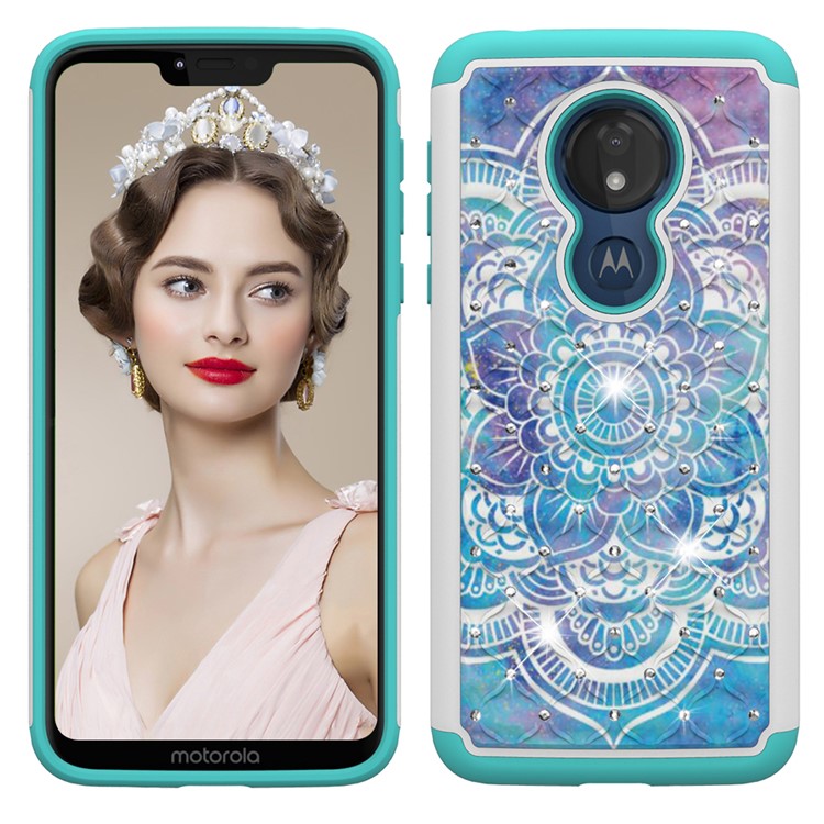 Patterned Rhinestone Decor PC TPU Combo Back Case for Motorola Moto G7 Power (US Version) - Mandala Flower-7