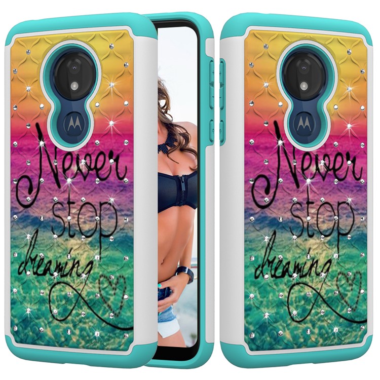 Patterned Rhinestone Decor PC TPU Combo Back Case for Motorola Moto G7 Power (US Version) - Never Stop Dreaming-1