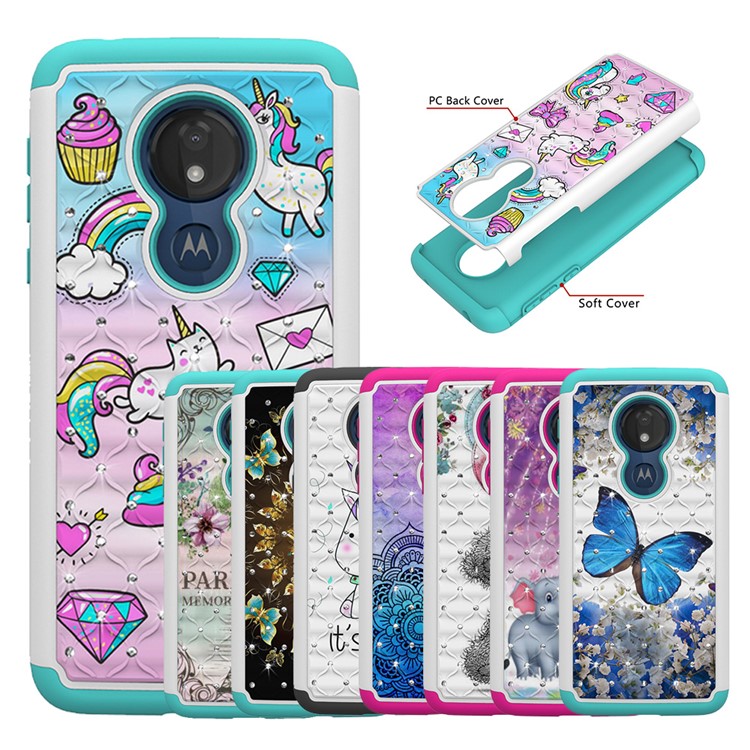 Patterned Rhinestone Decor PC TPU Protection Case for Motorola Moto G7 Power (US Version) - Unicorn and Bowknot-10