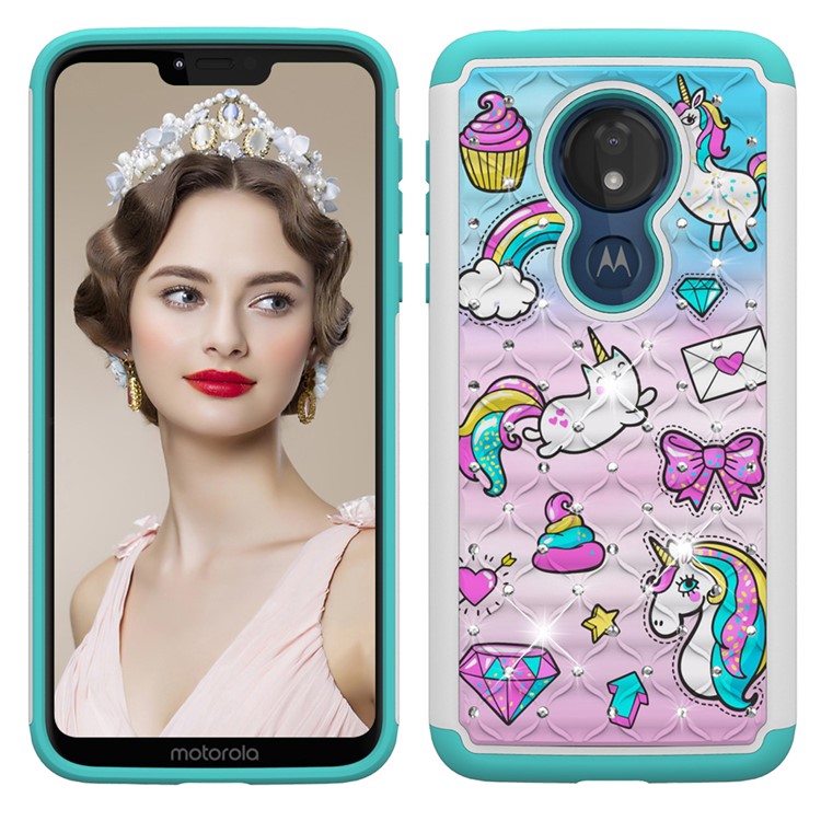 Patterned Rhinestone Decor PC TPU Protection Case for Motorola Moto G7 Power (US Version) - Unicorn and Bowknot-3