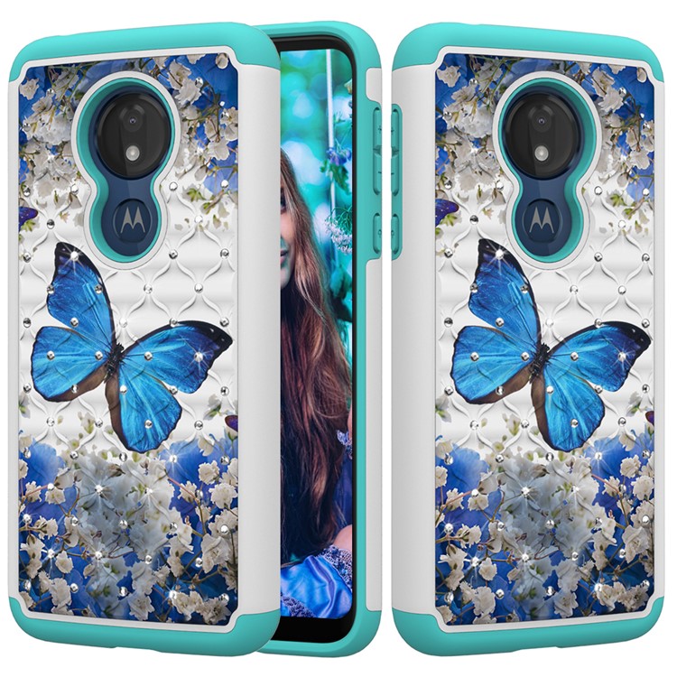 Patterned Rhinestone Decor PC TPU Protection Case for Motorola Moto G7 Power (US Version) - Blue Butterfly-1