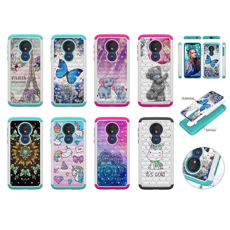 Patterned Rhinestone Decor PC TPU Protection Case for Motorola Moto G7 Power (US Version) - Blue Butterfly-10