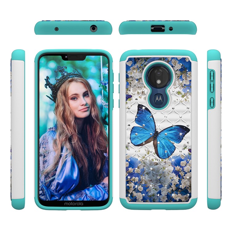 Patterned Rhinestone Decor PC TPU Protection Case for Motorola Moto G7 Power (US Version) - Blue Butterfly-2