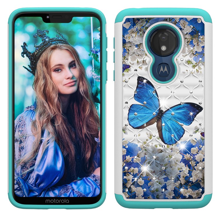 Patterned Rhinestone Decor PC TPU Protection Case for Motorola Moto G7 Power (US Version) - Blue Butterfly-3