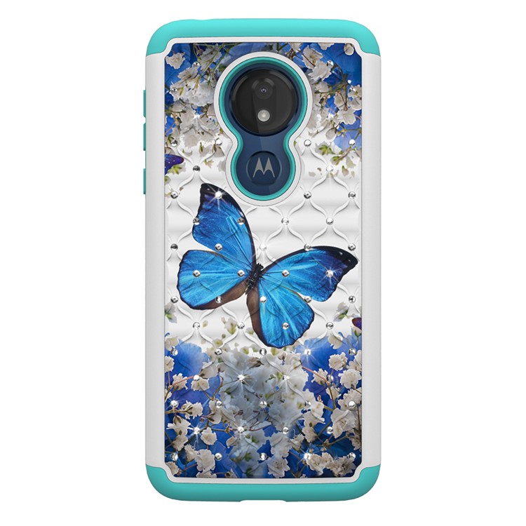Patterned Rhinestone Decor PC TPU Protection Case for Motorola Moto G7 Power (US Version) - Blue Butterfly-4