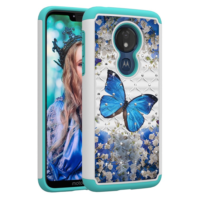 Patterned Rhinestone Decor PC TPU Protection Case for Motorola Moto G7 Power (US Version) - Blue Butterfly-5