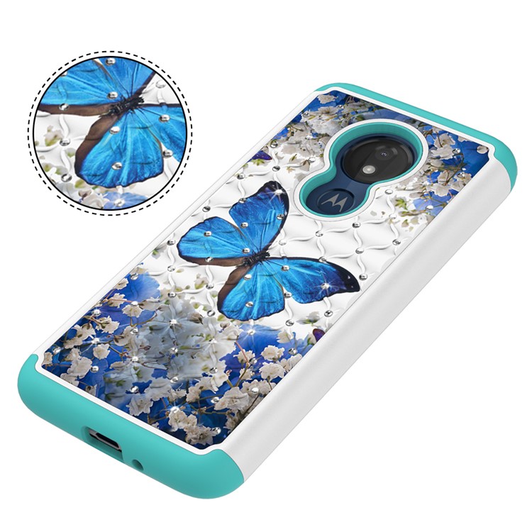 Patterned Rhinestone Decor PC TPU Protection Case for Motorola Moto G7 Power (US Version) - Blue Butterfly-7