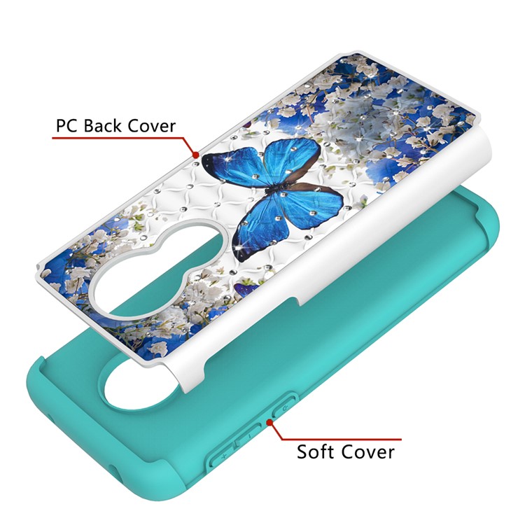 Patterned Rhinestone Decor PC TPU Protection Case for Motorola Moto G7 Power (US Version) - Blue Butterfly-8