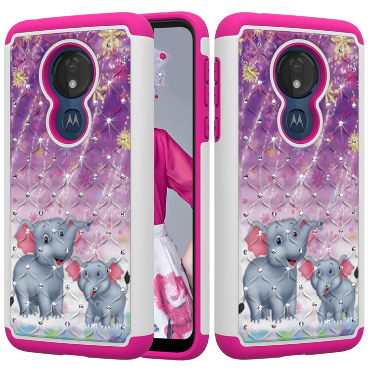 Patterned Rhinestone Decor PC TPU Protection Case for Motorola Moto G7 Power (US Version) - Elephants-1