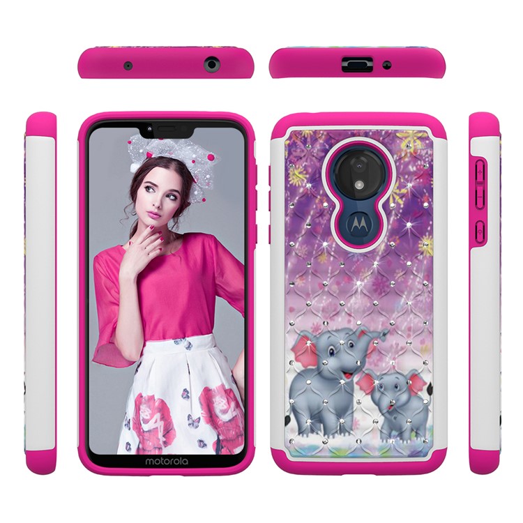 Patterned Rhinestone Decor PC TPU Protection Case for Motorola Moto G7 Power (US Version) - Elephants-6