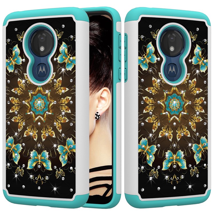 Patterned Rhinestone Decor PC TPU Protection Case for Motorola Moto G7 Power (US Version) - Gold and Blue Butterfly-1