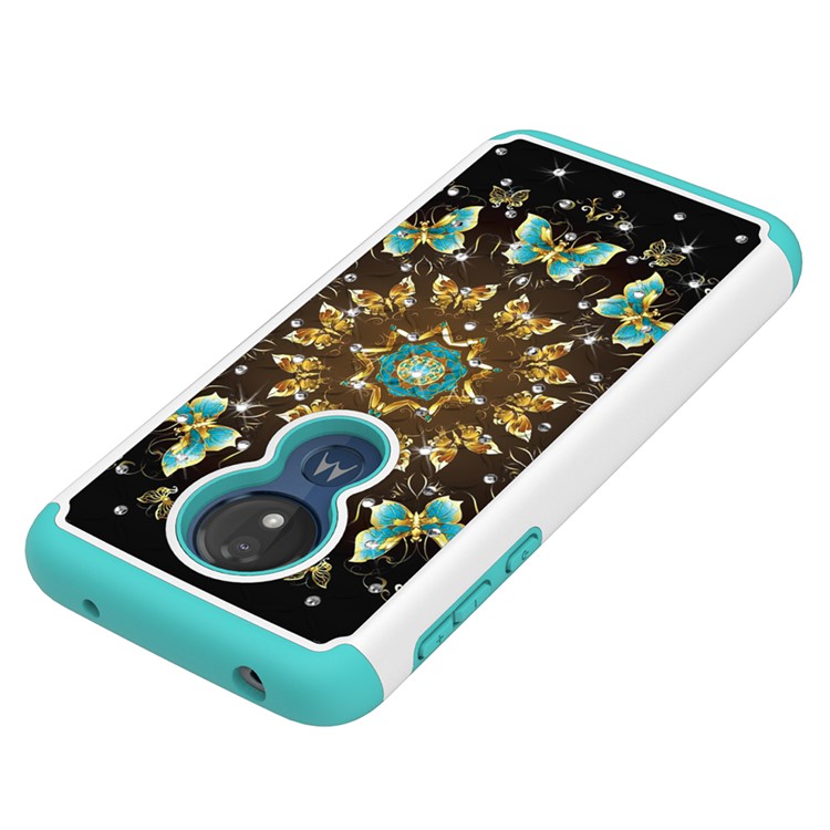 Patterned Rhinestone Decor PC TPU Protection Case for Motorola Moto G7 Power (US Version) - Gold and Blue Butterfly-2