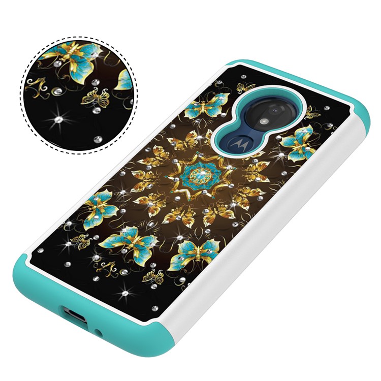 Patterned Rhinestone Decor PC TPU Protection Case for Motorola Moto G7 Power (US Version) - Gold and Blue Butterfly-3