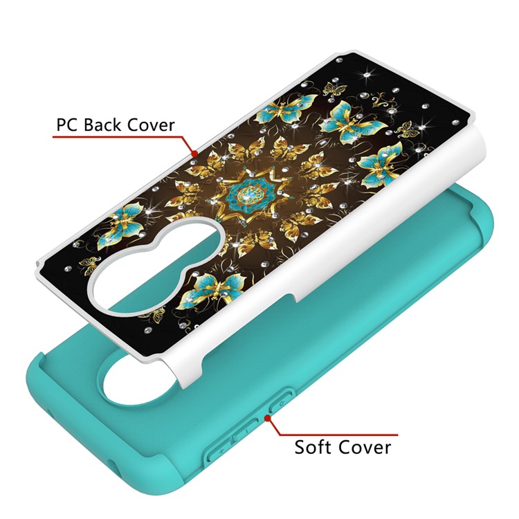 Patterned Rhinestone Decor PC TPU Protection Case for Motorola Moto G7 Power (US Version) - Gold and Blue Butterfly-4