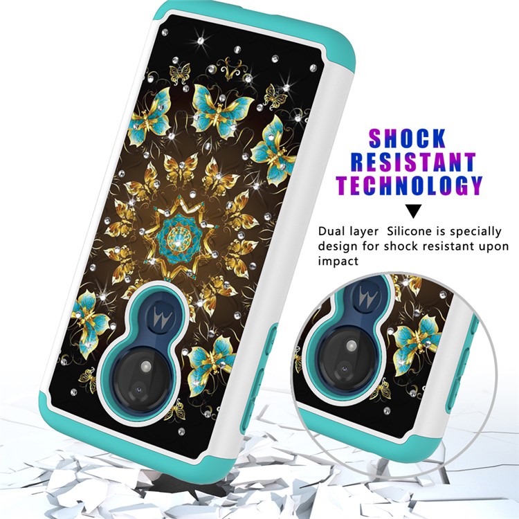 Patterned Rhinestone Decor PC TPU Protection Case for Motorola Moto G7 Power (US Version) - Gold and Blue Butterfly-5